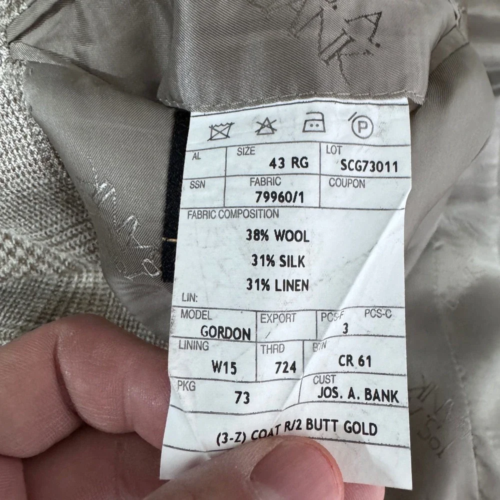 Jos. A. Bank Sport Coat Mens 43 RG Brown Glen Plaid‎ Wool Silk Linen Blazer